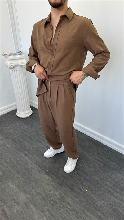 Oversize Gömlekli Keten Takım Kahverengi