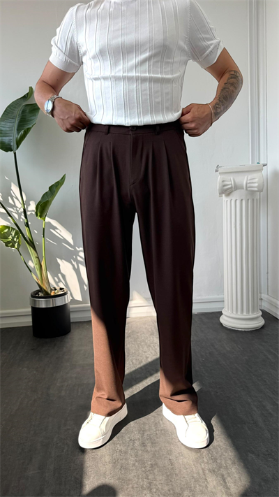 Pileli Baggy Kumaş Pantolon Kahverengi