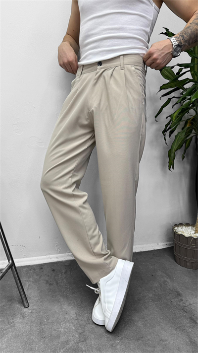Pileli Baggy Kumaş Pantolon Krem