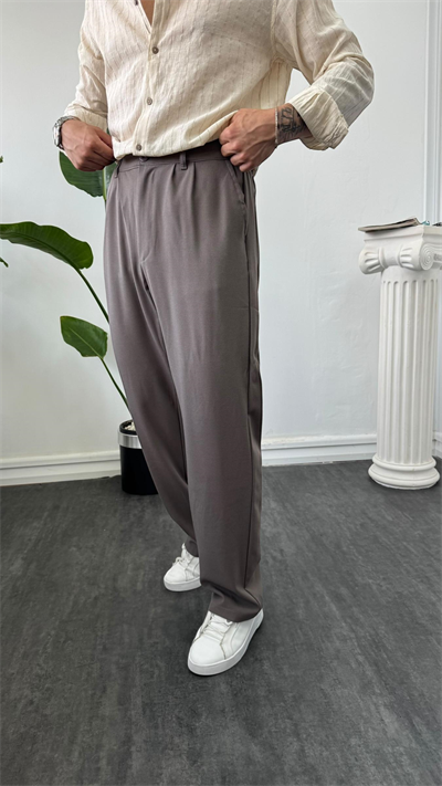 Pileli Baggy Kumaş Pantolon Sütlü Kahve