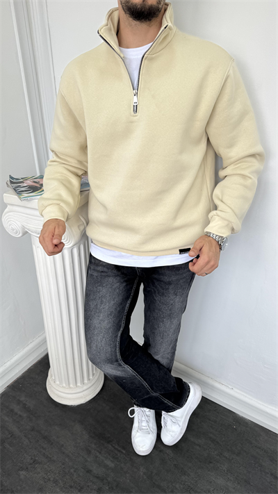 Yarım Fermuarlı Üç İplik Şardonlu Sweatshirt Krem