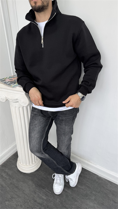 Yarım Fermuarlı Üç İplik Şardonlu Sweatshirt Siyah