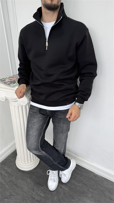 Yarım Fermuarlı Üç İplik Şardonlu Sweatshirt Siyah