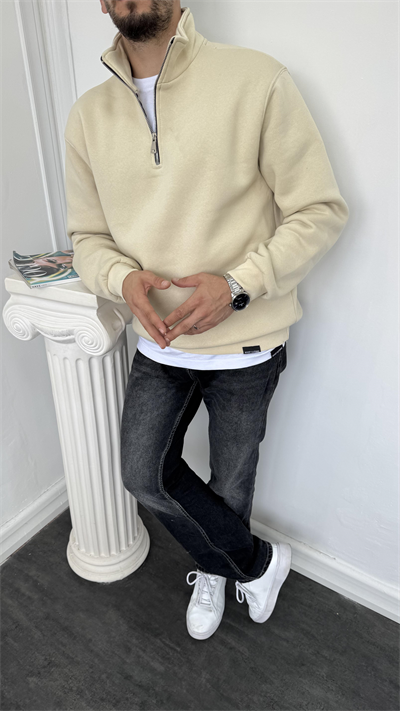Yarım Fermuarlı Üç İplik Şardonlu Sweatshirt Krem
