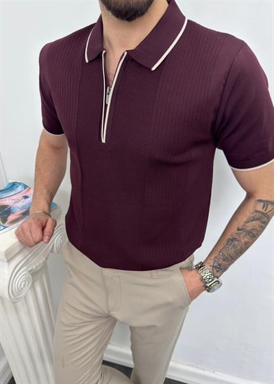 Fermuarlı Polo Yaka Triko Tişört Bordo