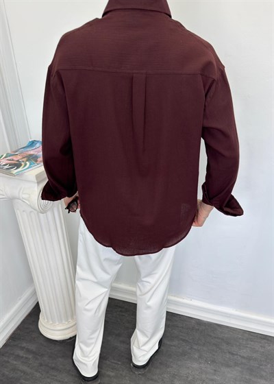 Oversize Krinkıl Keten Gömlek Kahverengi