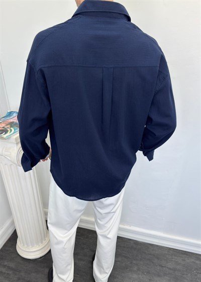 Oversize Krinkıl Keten Gömlek Lacivert