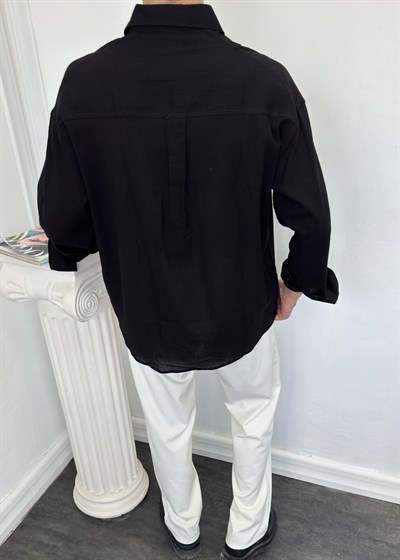 Oversize Krinkıl Keten Gömlek Siyah