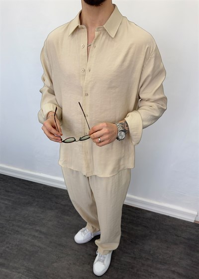 Oversize Tensel Gömlekli Takım Krem