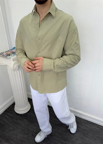 Oversize Yıkamalı Keten Gömlek Ç.Yeşili