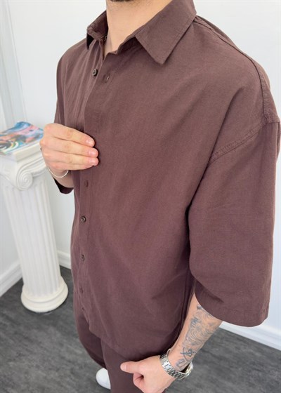 Oversize Yıkamalı Keten Takım Kahverengi