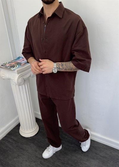 Oversize Yıkamalı Keten Takım Kahverengi