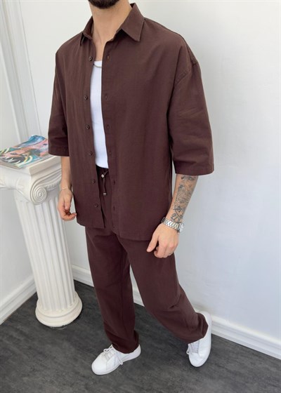 Oversize Yıkamalı Keten Takım Kahverengi