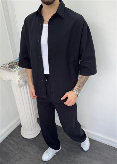 Oversize Yıkamalı Keten Takım Siyah 