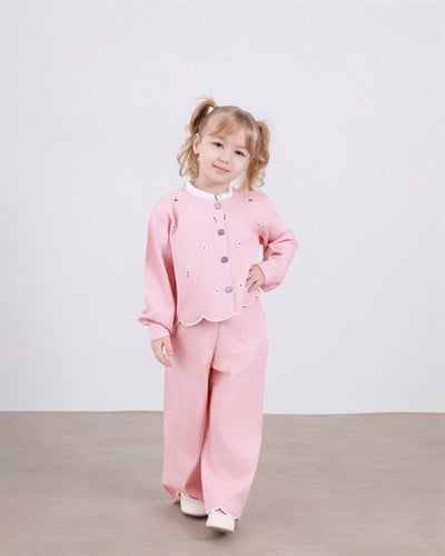 Gabardin Papatya Nakışlı Pembe Takım 