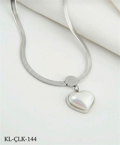 Çelik Silver İncili Kalp Kolye