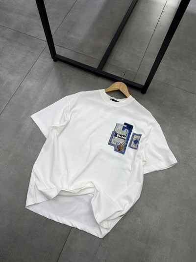 Kadife Aplikeli Beyaz Oversize Tshirt