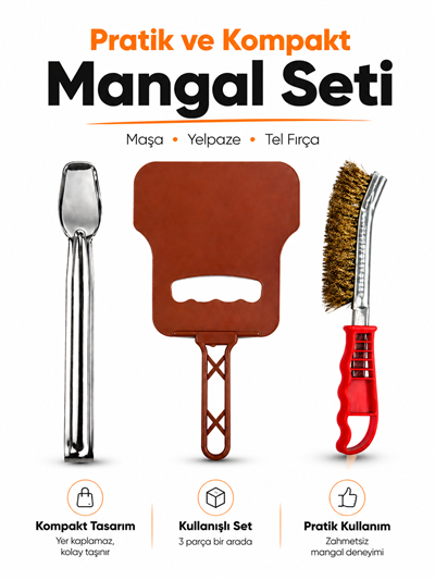 3 Parça Mangal Seti Maşa Yelpaze Tel Fırça Barbekü Seti - Mangal Aksesuarları KampAVM