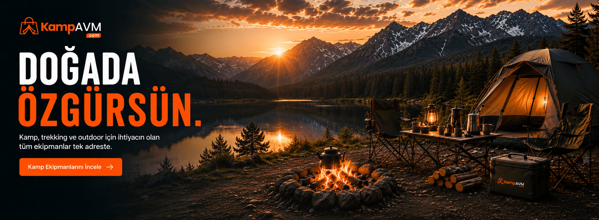 KampAVM kamp ekipmanları, çadır, kamp ateşi, kamp masası ve outdoor mutfak ürünleri ile doğada kamp deneyimi