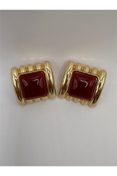 Bordo Taşlı Gold Kare Vintage Esintili Küpe