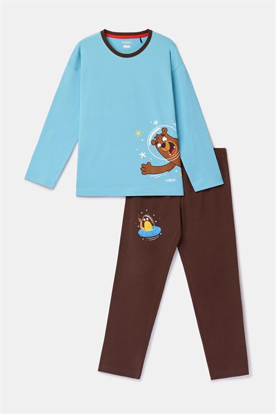 Astronot Ayı Baskılı Mavi Erkek Çocuk Pijama Takımı
