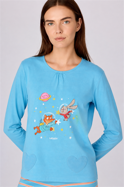 Baskı Detaylı Mavi Kadın Pijama