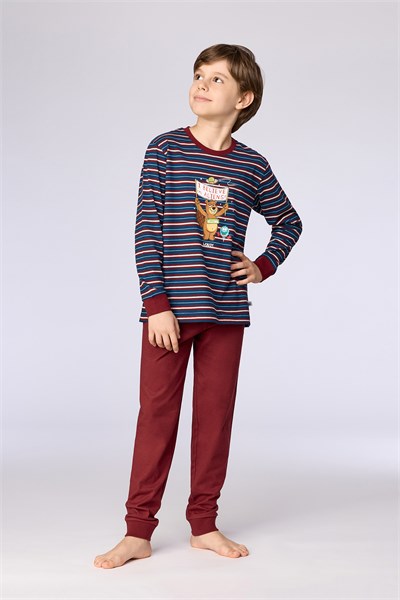 Bordo Çizgili Baskılı Erkek Çocuk Pijama