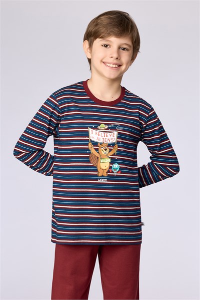 Bordo Çizgili Baskılı Erkek Çocuk Pijama