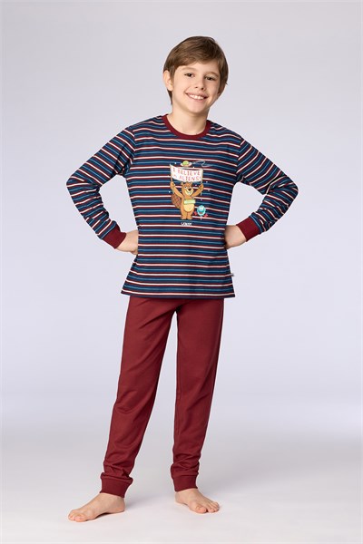 Bordo Çizgili Baskılı Erkek Çocuk Pijama