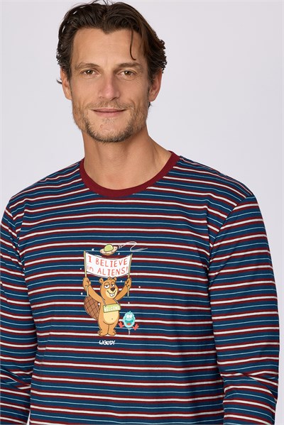 Bordo Çizgili Baskılı Erkek Pijama