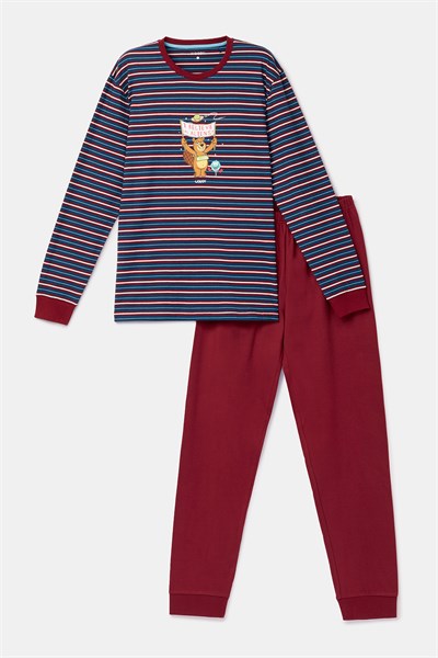 Bordo Çizgili Baskılı Erkek Pijama