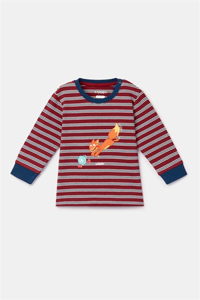 Bordo Çizgili Tilki Baskılı Erkek Bebek Pijama