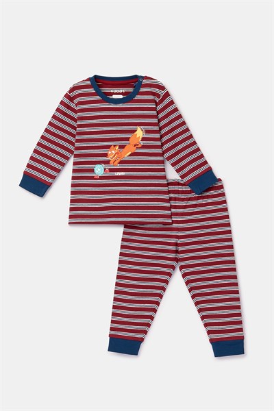 Bordo Çizgili Tilki Baskılı Erkek Bebek Pijama
