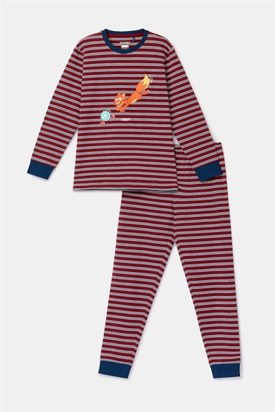 Bordo Çizgili Tilki Baskılı Erkek Çocuk Pijama