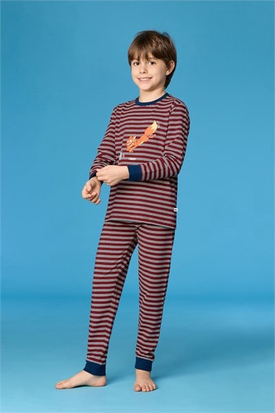 Bordo Çizgili Tilki Baskılı Erkek Çocuk Pijama