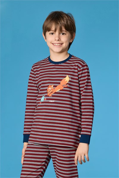 Bordo Çizgili Tilki Baskılı Erkek Çocuk Pijama