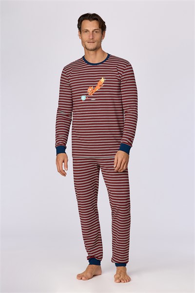 Bordo Çizgili Tilki Baskılı Erkek  Pijama