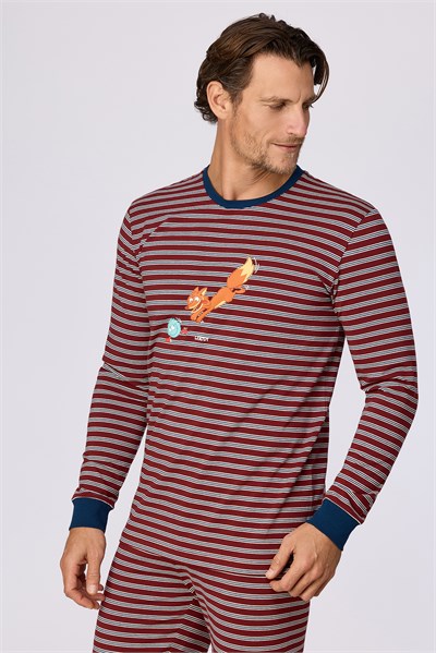 Bordo Çizgili Tilki Baskılı Erkek  Pijama