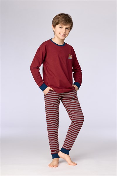 Bordo Uzun Kollu Pamuklu Erkek Çocuk Pijama