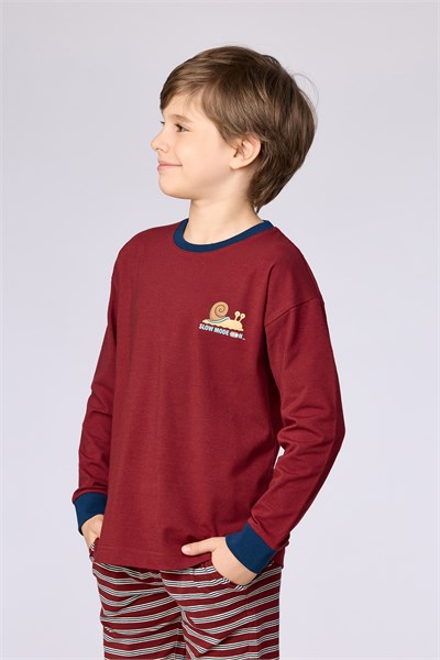 Bordo Uzun Kollu Pamuklu Erkek Çocuk Pijama