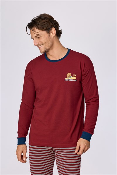 Bordo Uzun Kollu Pamuklu Erkek Pijama