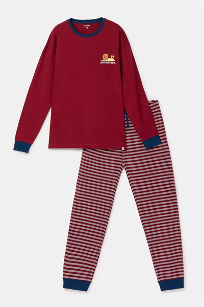 Bordo Uzun Kollu Pamuklu Erkek Pijama