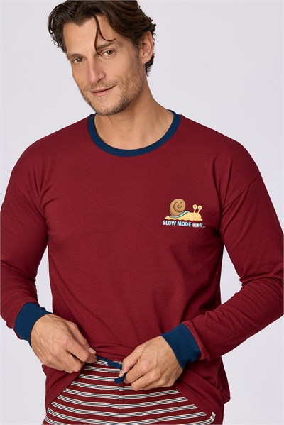 Bordo Uzun Kollu Pamuklu Erkek Pijama