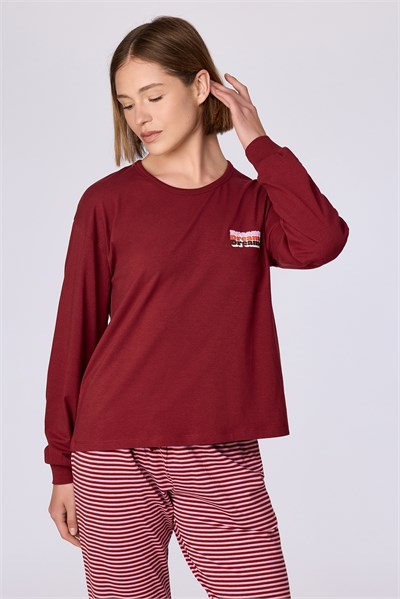 Bordo Uzun Kollu Pamuklu Kadın Pijama