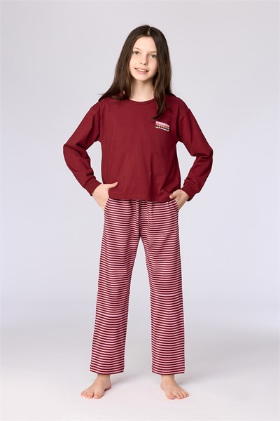 Bordo Uzun Kollu Pamuklu Kız Çocuk Pijama
