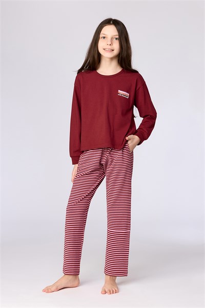 Bordo Uzun Kollu Pamuklu Kız Çocuk Pijama