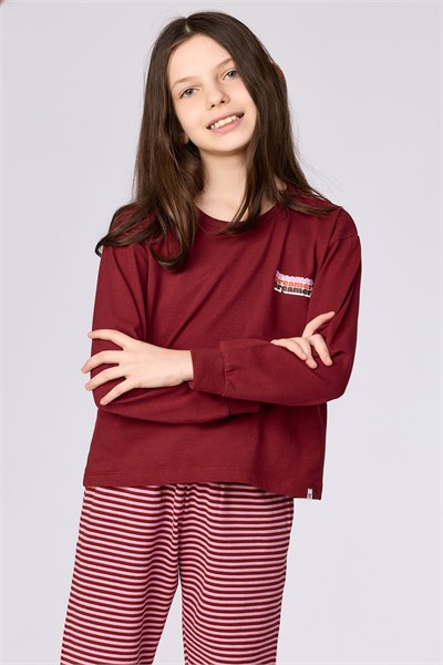 Bordo Uzun Kollu Pamuklu Kız Çocuk Pijama