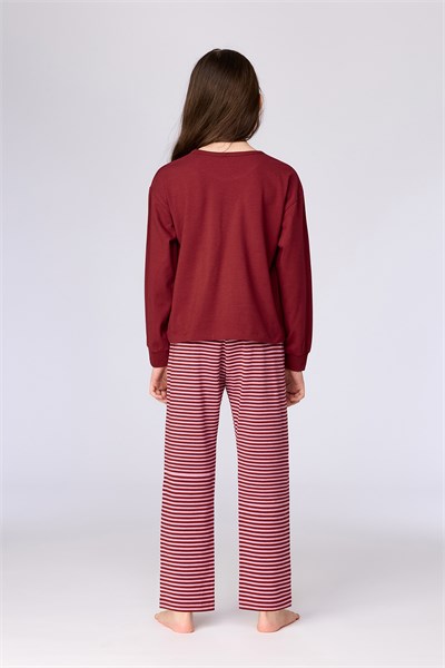 Bordo Uzun Kollu Pamuklu Kız Çocuk Pijama