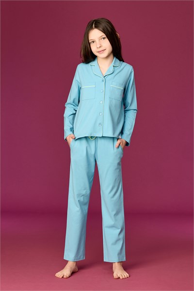 Buz Mavisi Biyeli Pamuklu Kız Çocuk Pijama