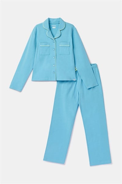 Buz Mavisi Biyeli Pamuklu Kız Çocuk Pijama